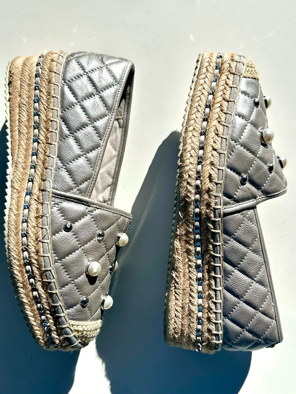 Karl Lagerfeld Desta Quilted Pearl-Accent Silver Espadrille Slip-On, 37, 6.5